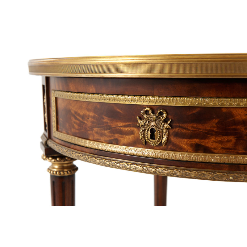 Circular Fluted Mahogany End Table with Brass Inlay and Marble Top