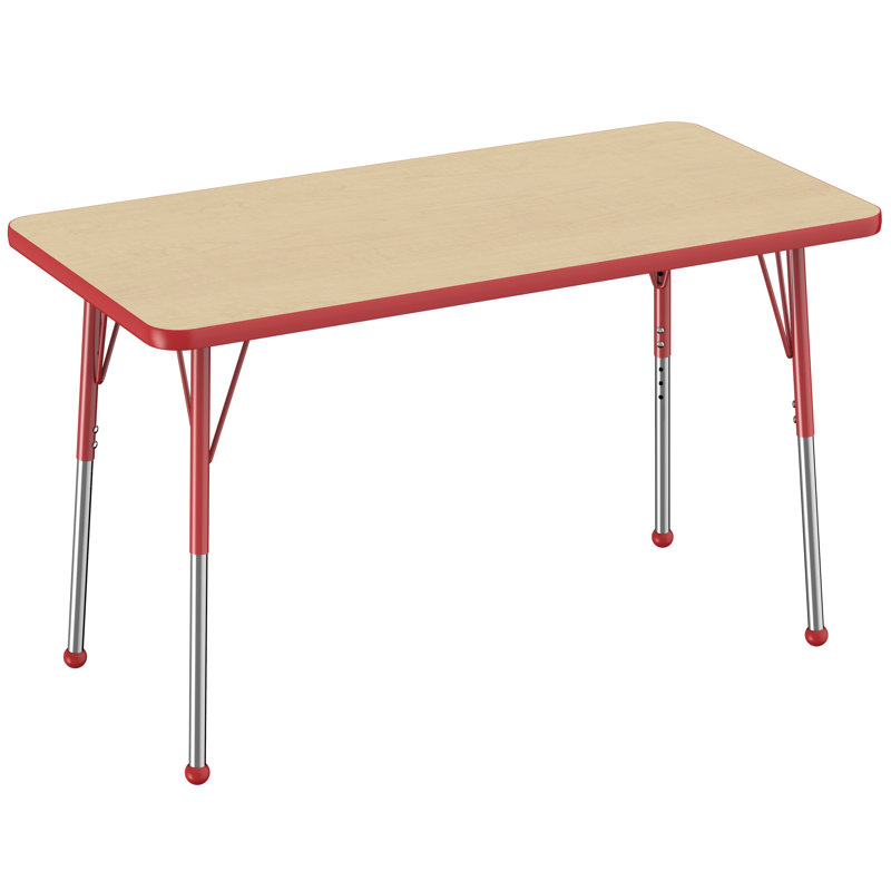 Table d'activité rectangulaire à hauteur réglable en forme de T, Érable / rouge, 24 po x 48 po, Roulement à bille standard