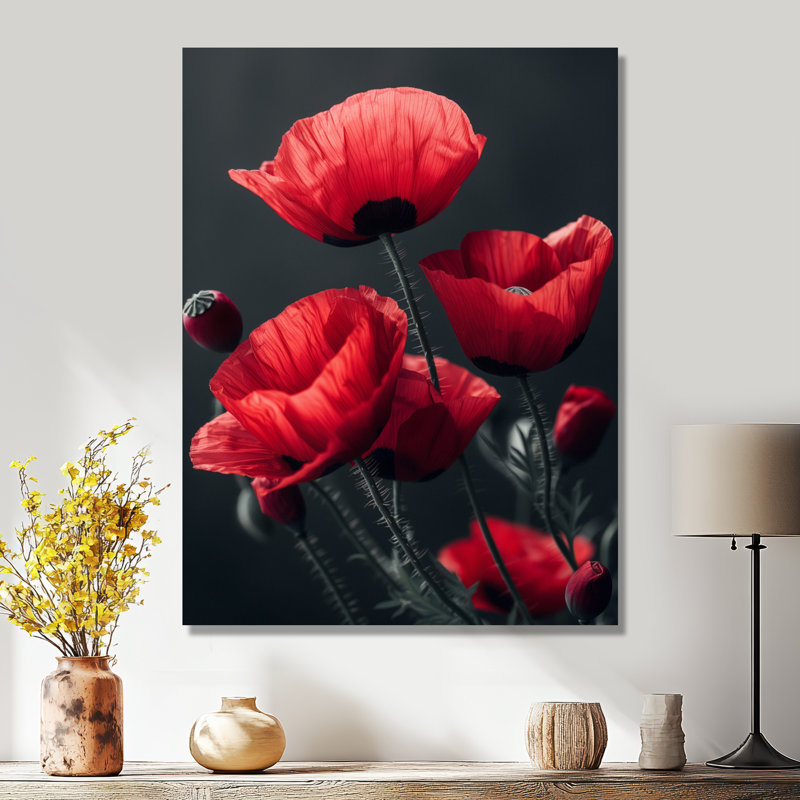 Rouge, noir, coquelicots, charme monochrome I - coquelicots, salon d'art mural, Toile tendue, H 32 po x l 24 po x P 1 po
