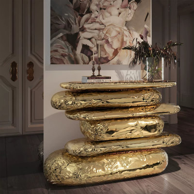 Console sculpturale en fibre de verre dorée de 130 cm, table d'entrée effet galets, table d'appoint design en métal martelé pour salon, table de hall d'entrée glamour