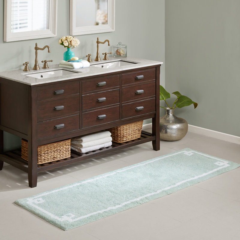 White and Gray Cotton Tufted Bath Rug with Geometric Border