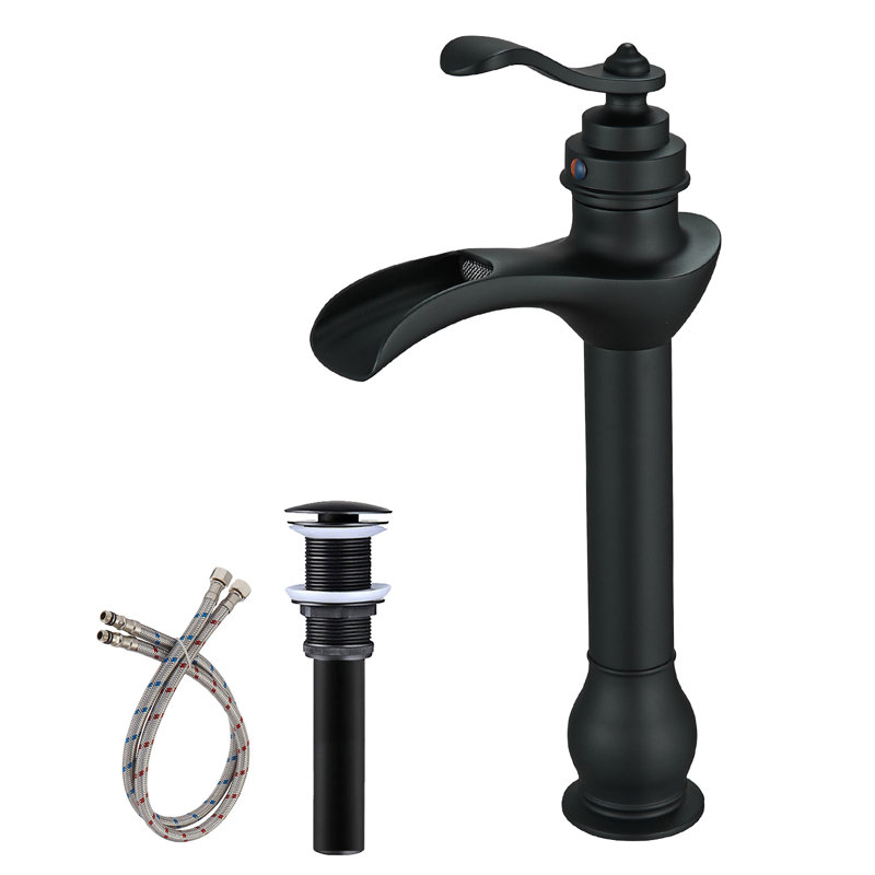 Matte Black Tall Vessel Sink Faucet with Waterfall Spout and Drain Assembly