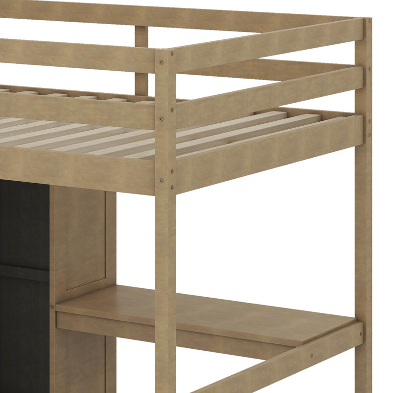  Lit mezzanine double Hriska avec bureau, garde-robe, tablettes et tiroirs, Noyer