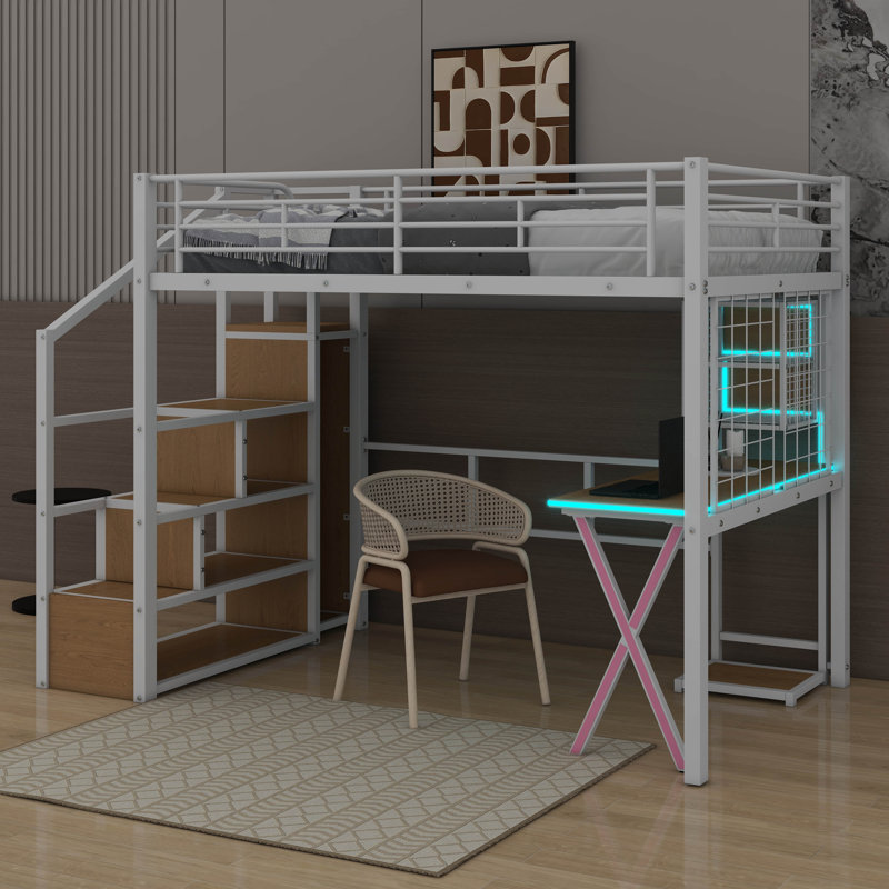 Lit mezzanine double en métal avec poste de travail intégré, garde-robe, escalier de rangement et DEL, Lit double