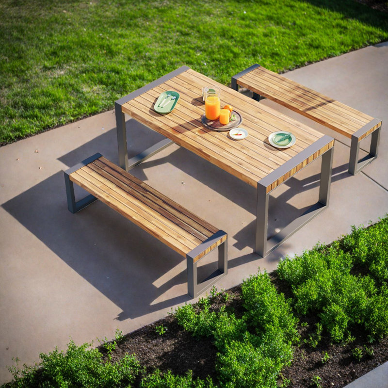 Ensembles de salle à manger de patio peu encombrants, acier acacia, extérieur moderne