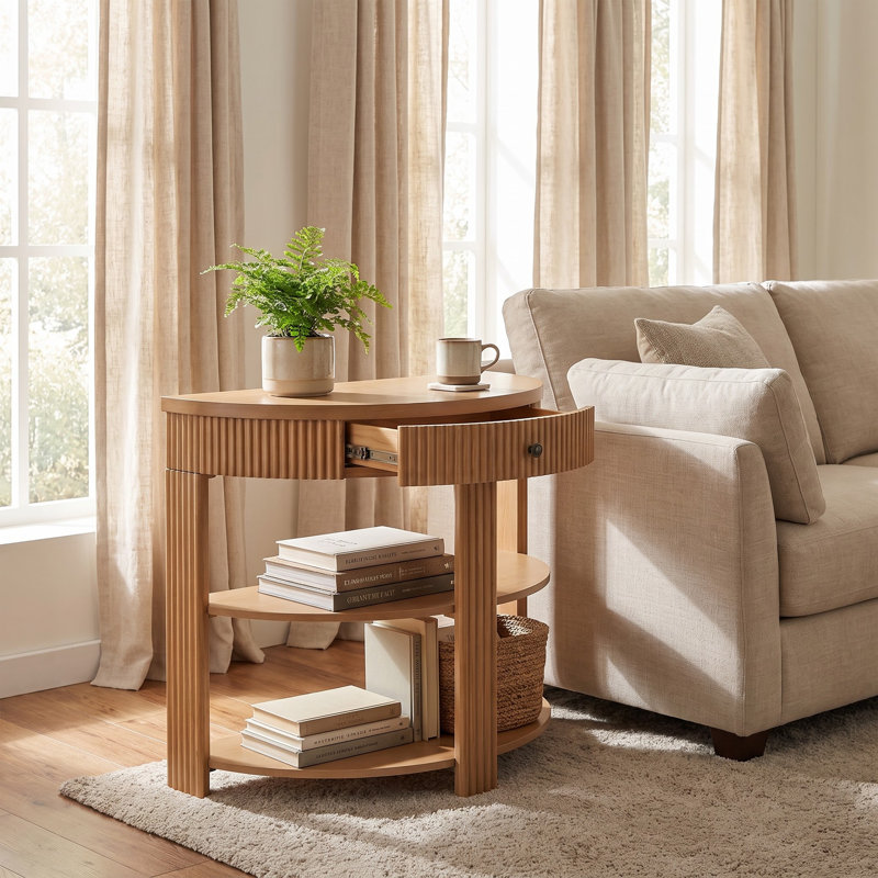 Console cannelée demi-lune avec tiroir et 2 tablettes ouvertes, Naturel