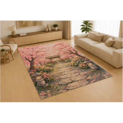 "Ultra Thin" 5' x 7'Zen Cherry Blossom Garden Area Rug for Living Room, Soft Low Pile Indoor Rug with Non-Slip Silicone Backing, Bedroom, Office, Family Room, Pink Gray