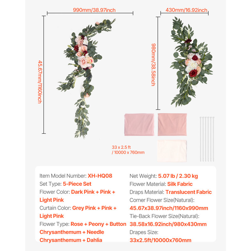 Ensemble de fleurs artificielles pour arche de mariage, fleurs roses avec voilages (lot de 5) - 2 compositions florales, 3 voilages, idéal pour la décoration de bouquets de cérémonie et de fond de réception.
