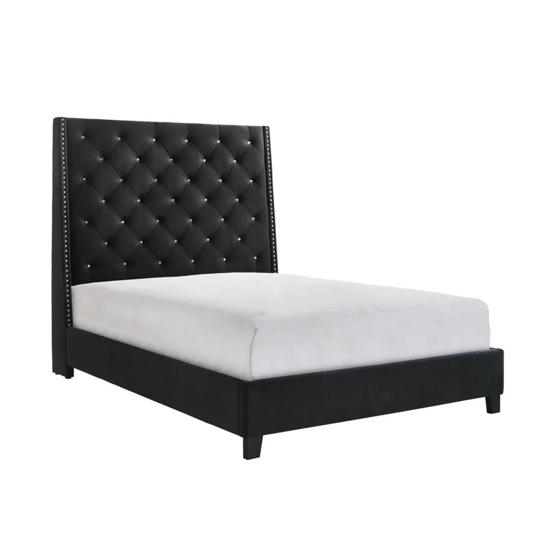 Maze Bed, Button Tufted, Nailhead Trim, Fabric Upholstery, Black, California King
