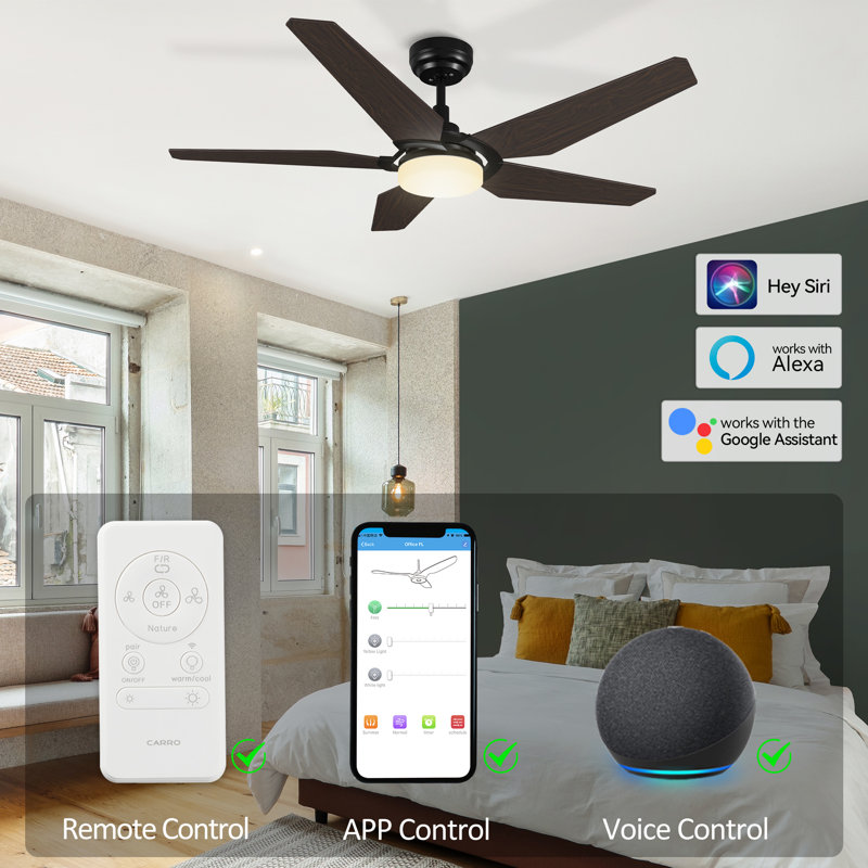 Alcie 5 - Blade LED Smart Standard Ceiling Fan with Remote Control and Light Kit Included, Black/Dark Wooden