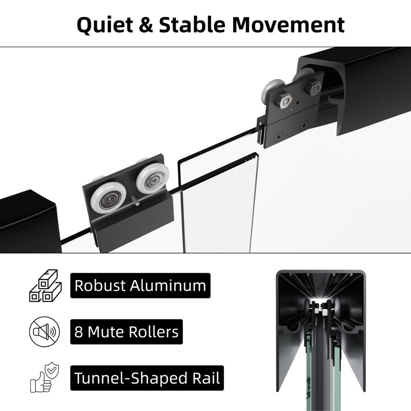 Semi-Frameless Double Sliding Shower Door, 1/4" SGCC Tempered Glass with Quiet Dual Rollers, Matte Black, 54" W x 70" H