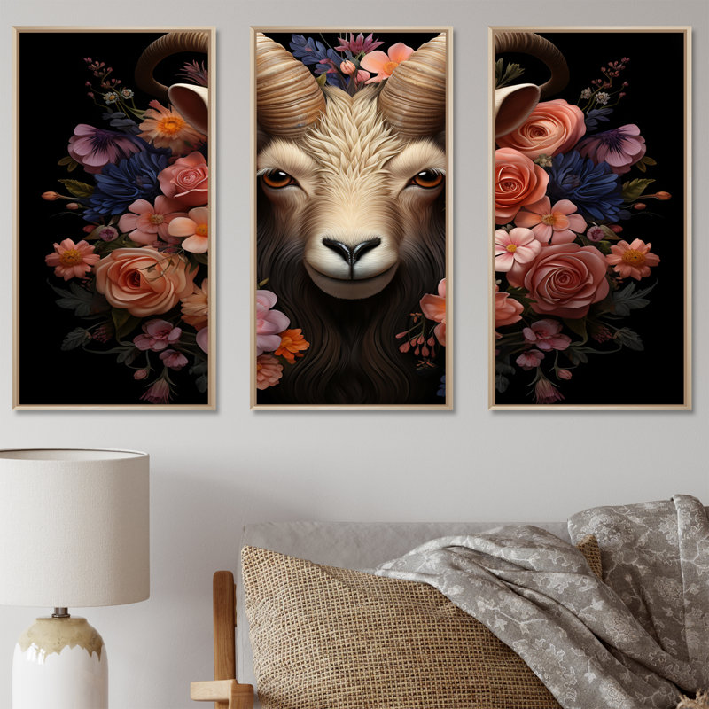 Portrait de chèvre rose et mauve, H 40 po x l 60 po, Cadre flottant brun