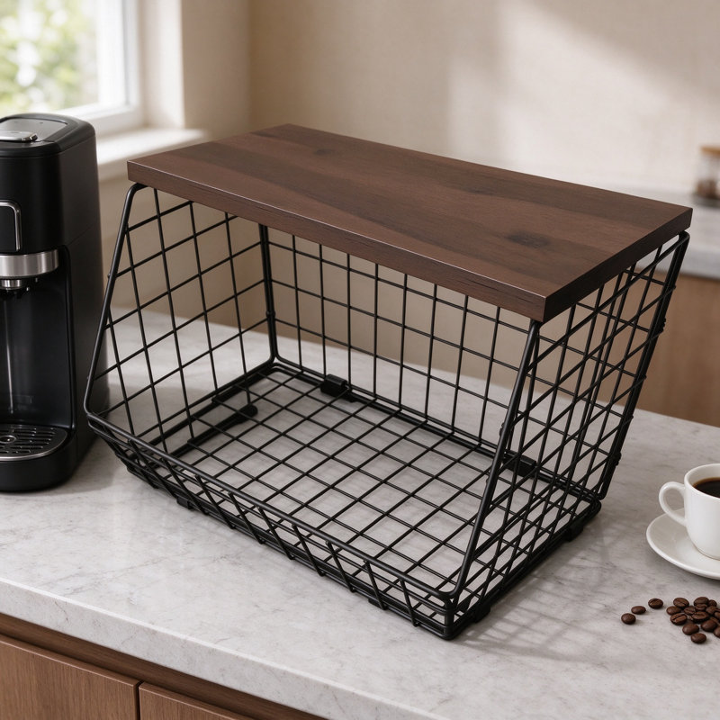 Coffee Bar Organizer with Shelf for K Cup and Espresso Pods, Wire Coffee Station Organizer for Countertop, Hanging Basket for Kitchen Storage