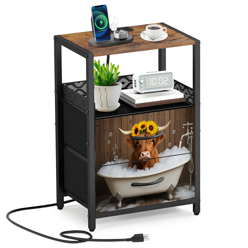Table de chevet 2 tiroirs en tissu avec station de charge Highland Cow