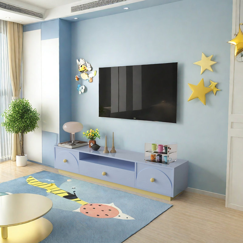 Meuble télé moderne avec poignées sphériques, Bleu/jaune, H 16,53 po x L 78,74 po x l 15,74 po