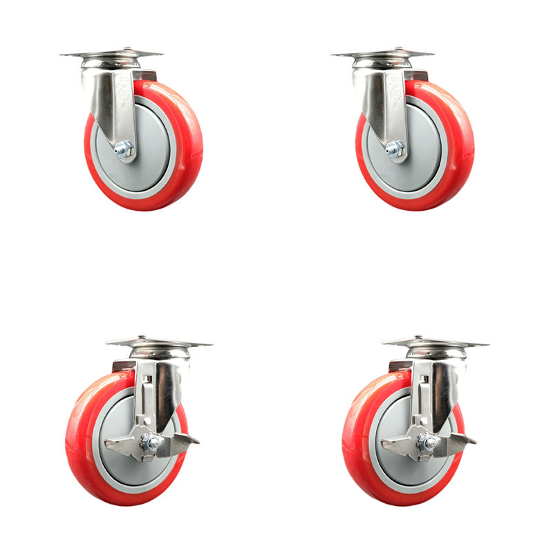 Ensemble de roulettes en polyuréthane avec 2 freins verrouillables, Rouge