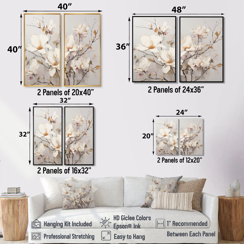 «White Elegance In Magnolias» - Art mural sur toile traditionnel blanc, H 20 po x l 24 po, Impression encadrée flottante