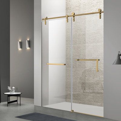 Porte de douche coulissante simple sans cadre l 48 po x H 76 po avec verre trempé de 8 mm, accessoires en acier inoxydable, or