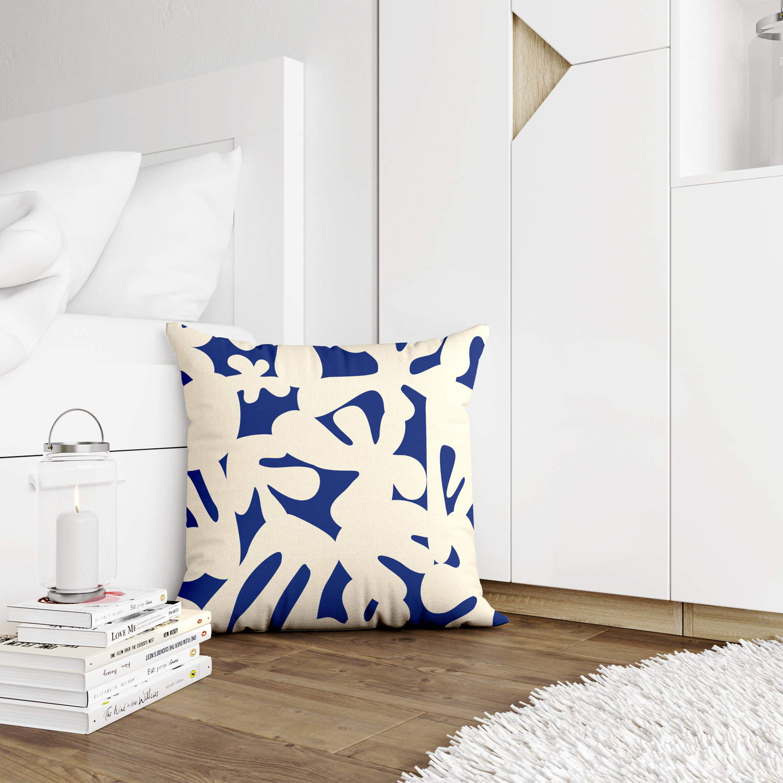 Lara Indoor/Outdoor Throw Pillow, 19" x 19", Navy Blue/Off White
