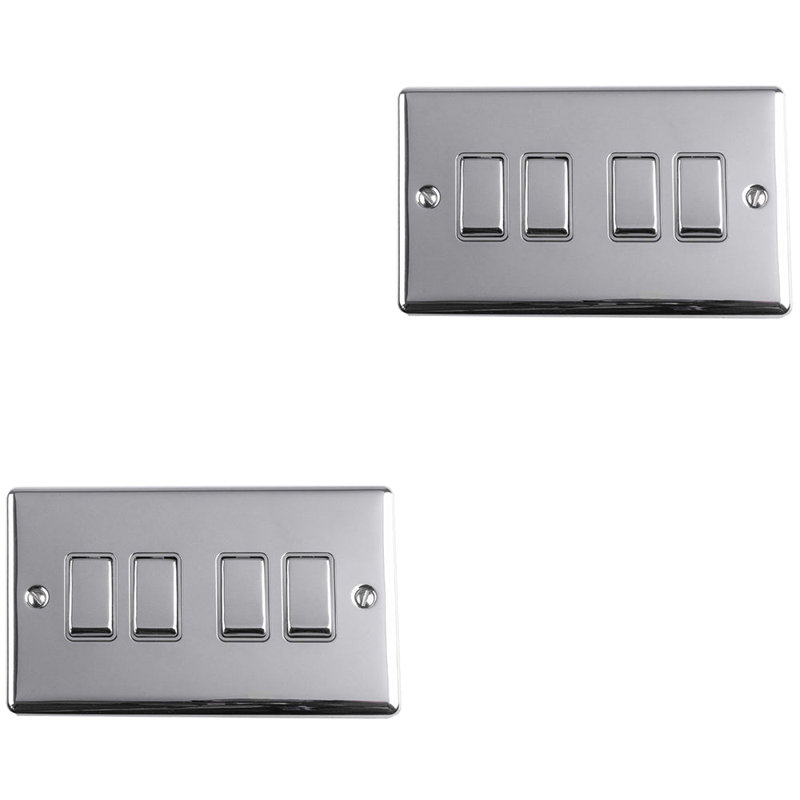 2 PACK 4 Gang Metal Quad Light Switch POLISHED CHROME 2 Way 10A White Trim, Silver/Grey, Polished Chrome