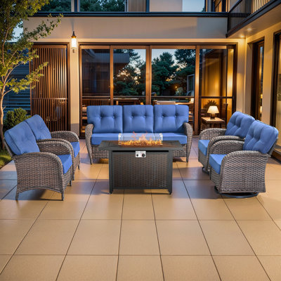 Luxury Patio Furniture Set with Fire Pit Table-6 Pieces High Back Wicker Swivel Rocker Chairs with 5" Extra Thick Cushions, Outdoor Patio Conversation Sets for Porch Deck Garden