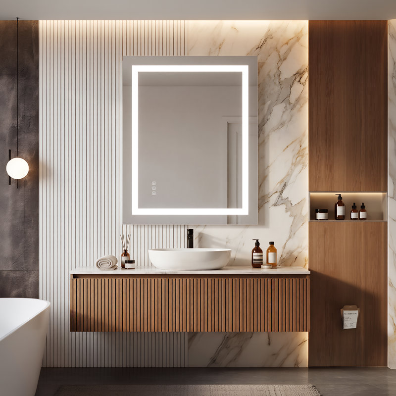 Frameless Rectangular LED Bathroom Mirror with Anti-Fog, Dimmable 3-Color Lighting, Memory Function, 40" x 32"