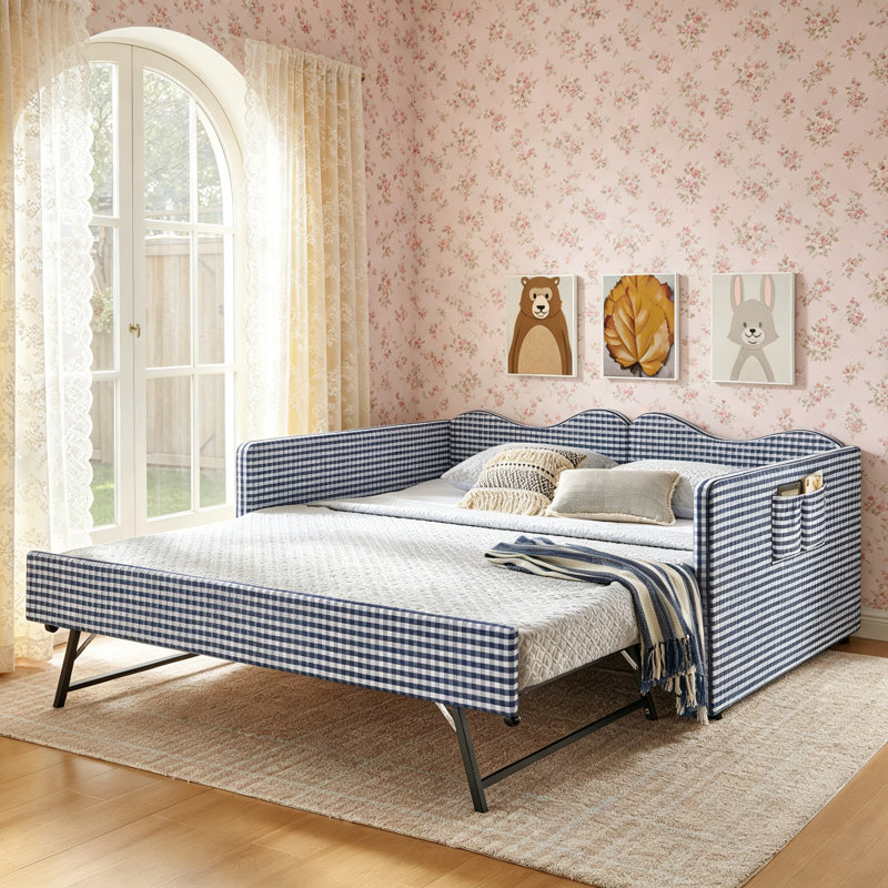 Lit de jour double, lit de jour rembourré en vichy équipé d'un cadre de lit gigogne escamotable et d'une poche de rangement latérale, canapé-lit multifonctionnel en bois massif pour chambre d'enfant et chambre d'amis - bleu