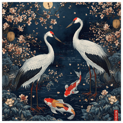 Tapisserie murale «Cranes and Koi Fish» - Décoration murale faune