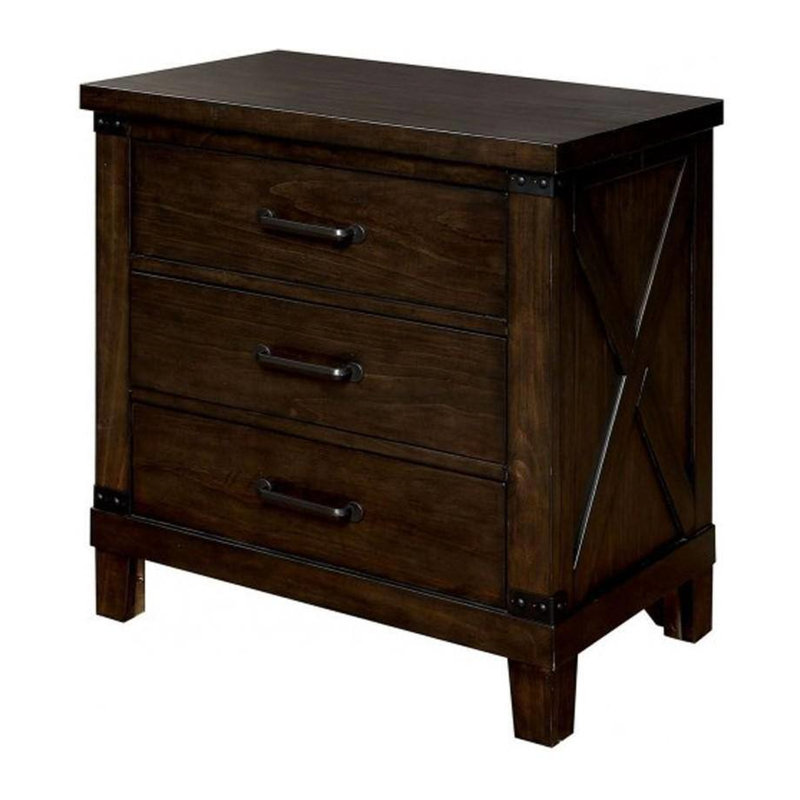 Table de chevet 3 tiroirs et poignées en bois massif rustique finition noyer foncé