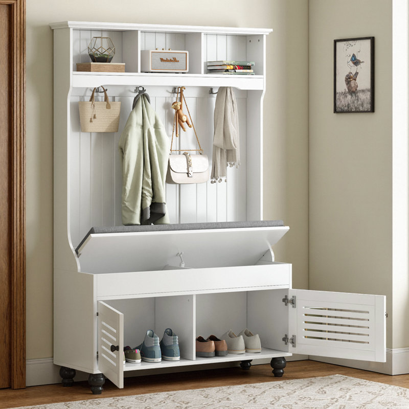 Portemanteau d'entrée avec banc de rangement et portemanteaux pour l'entrée organisée ou le vestibule, Blanc