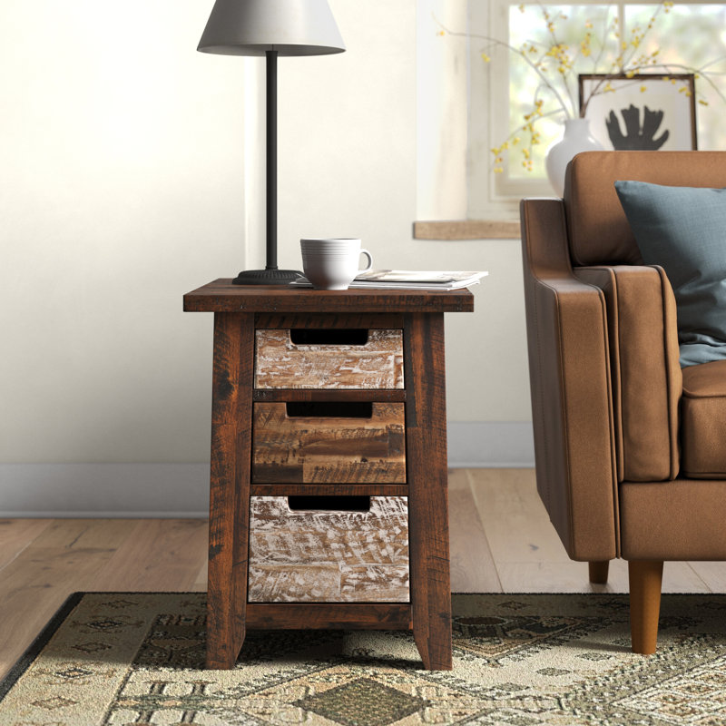 Cleethorpes Solid Wood Top 3-Drawer End Table with Built-In Outlets