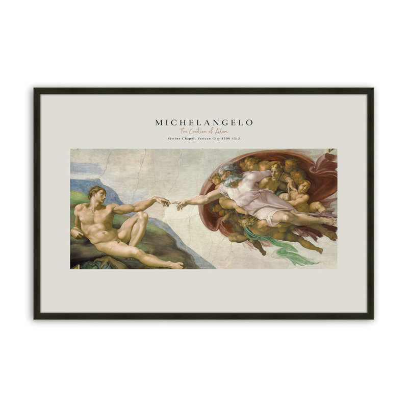 La création d'Adam par Michel-Ange v2, H 12 po x l 15 po x P 1,25 po, Reproduction encadrée sans passe-partout, Noir satiné