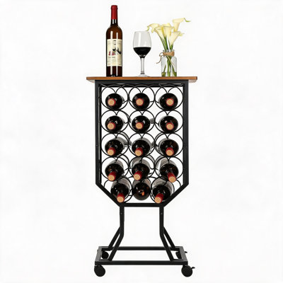 Compact Freestanding 12-Bottle Wine Rack with Wooden Tabletop & Removable Casters – Metal Storage Organizer, Glass Holder, for Home Bar, Kitchen, Dini