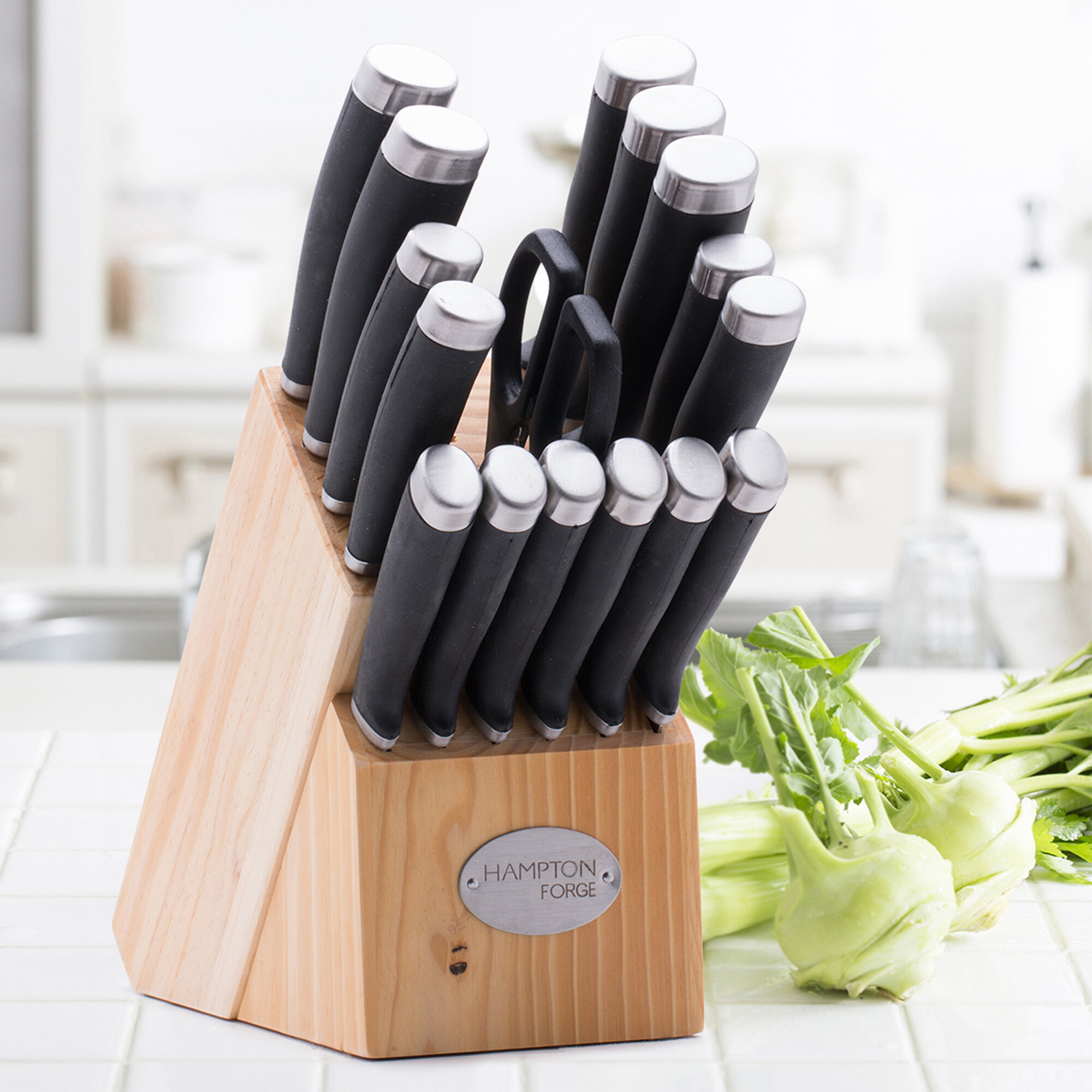 17 Pcs Stainless Steel Knife Block Set, Includes Sharpener, Chef Knife,  Measuring Spoons, Scissors, and Steak Knives, Dishwasher Safe for Easy  Cleaning