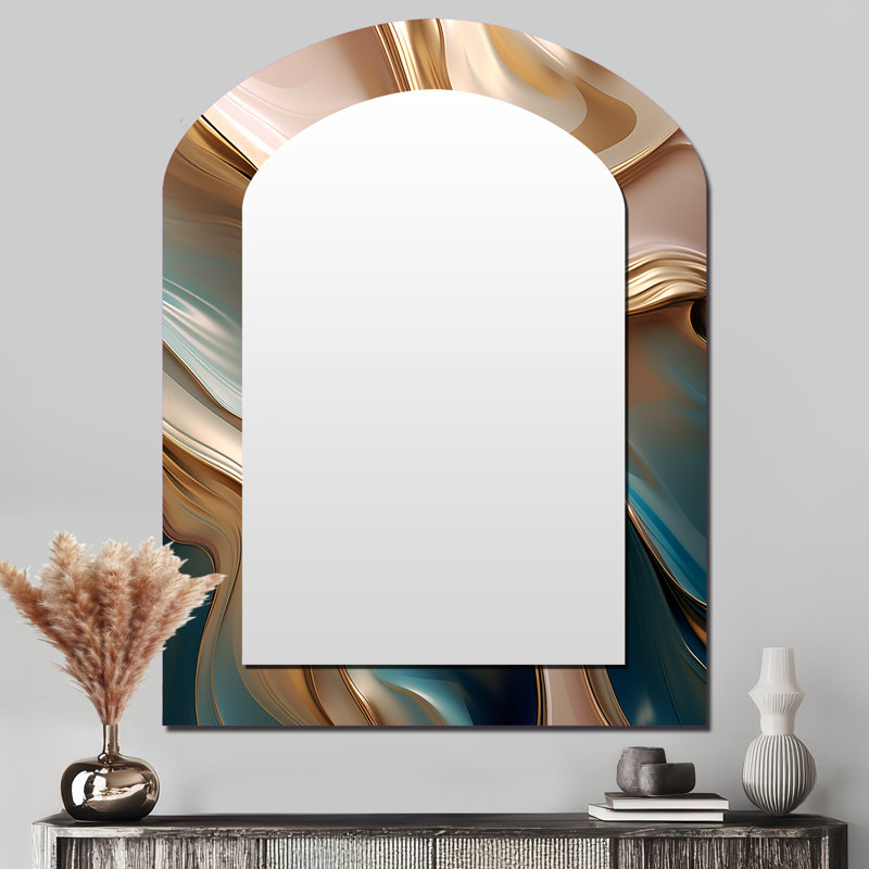 Tender Wave Harmony Liquid Gold And Turquoise I - Abstract Shapes Asymmetrical Large Mirror, Modern Arch Decorative Wall Mirror, Printed Metal Art