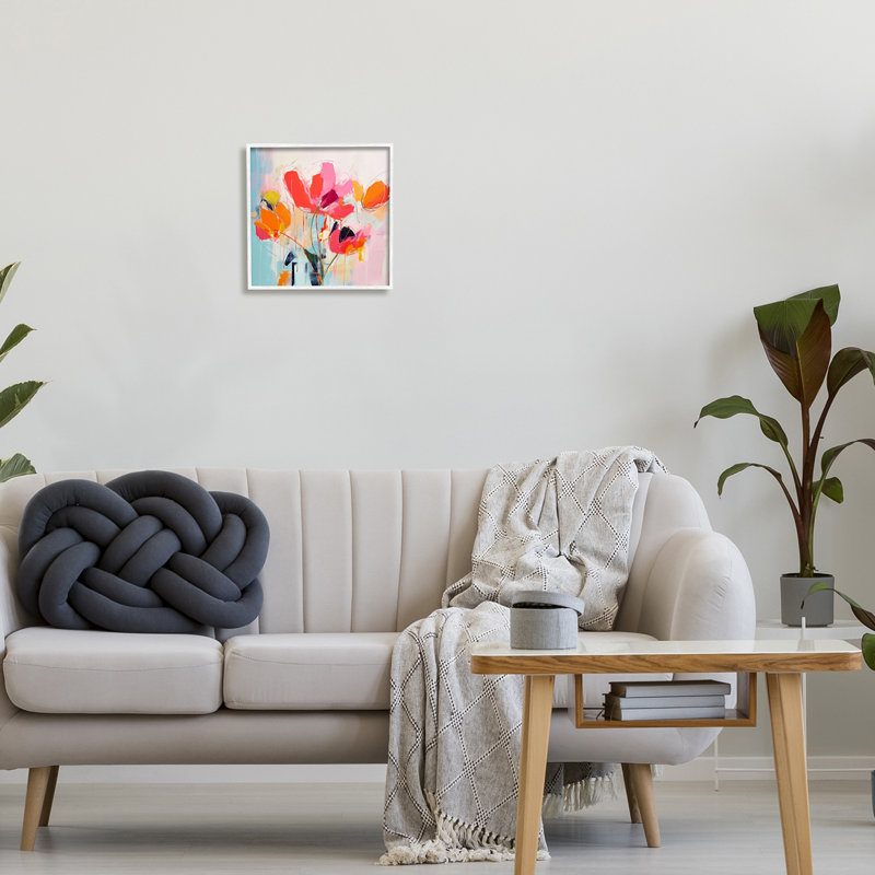 Az-482 - Fleurs roses abstraites encadrées, Giclée encadrée blanc bord de mer, H 12 po x l 12 po x P 1,5 po