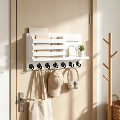 Porte-clés décoratif en bois pour mur, porte-courrier et tablette à clés avec 5 crochets en métal, quincaillerie de fixation et guide d'installation