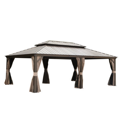 Gazebo de jardin en métal brun de 4,27 m x 6,71 m. Toit en acier galvanisé et structure en aluminium. Gouttière intégrée. Moustiquaire brune avec système de gouttière.