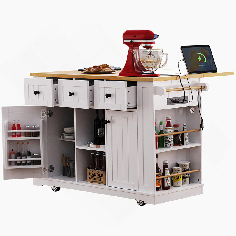 53Inch Large Kitchen Island With Drop Leaf, Power Outlet, Door Internal Storage Rack, Rolling Kitchen Cart On 5 Wheels With 5 Open Side Racks For Kitchen, Dining Room,White(Not Include Bar Stools)