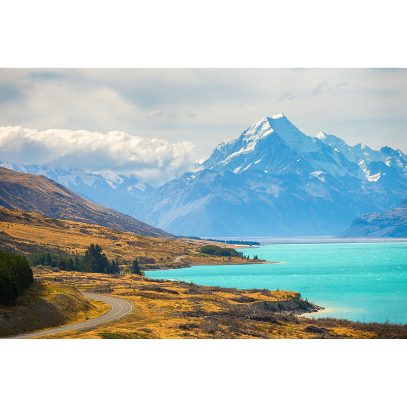 Scenic View Of Mount Cook Viewpoint With The Lake Pukaki And The Road Leading To Mount Cook Village In South Island New Zealand, Travel Destinations Concept - Wrapped Canvas Print