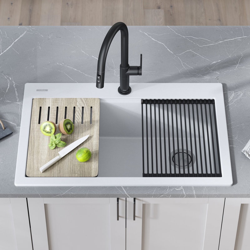 KRAUS Bellucci Workstation 33 in. Single Bowl Kitchen Sink with WasteGuard™ Garbage Disposal, White