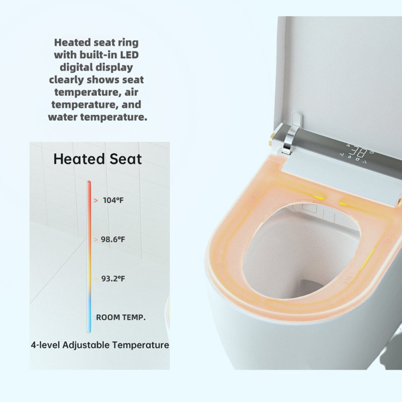 Toilette intégrée moderne avec siège chauffant, chasse automatique, chasse d'eau à distance, capteur de pied, blanc