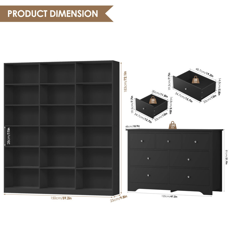 Commode 2 pièces 2 pièces, commode H 39,1 po 5 tiroirs