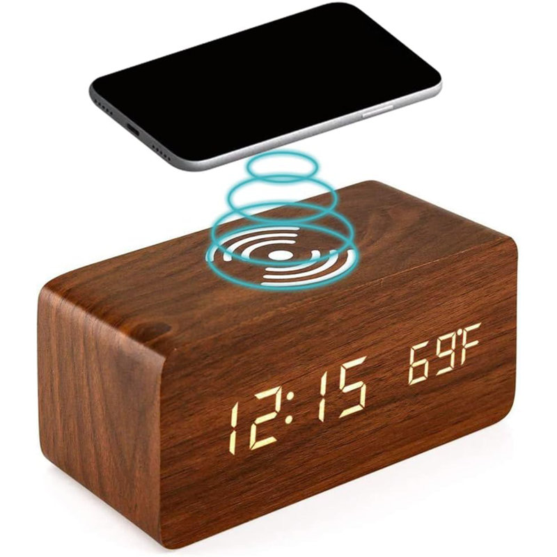 Digital Wood Electric Alarm Tabletop Clock, Brown Wood White Characters