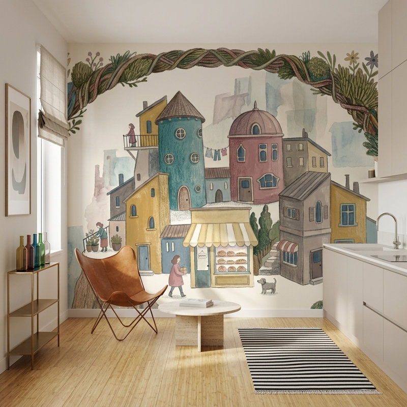 Décoration murale amovible Wholesical Village, 120 po x 96 po, Peler et coller