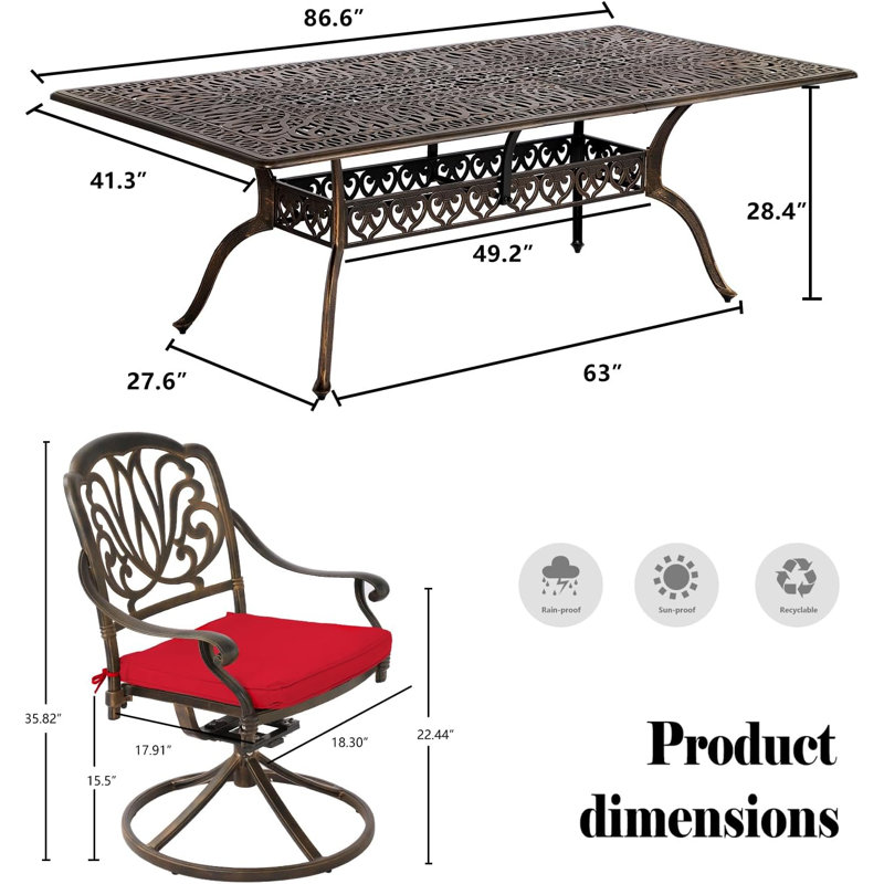 Ensemble de salle à manger rectangulaire en aluminium pour 8 personnes 86,6 po Andromede, Rouge
