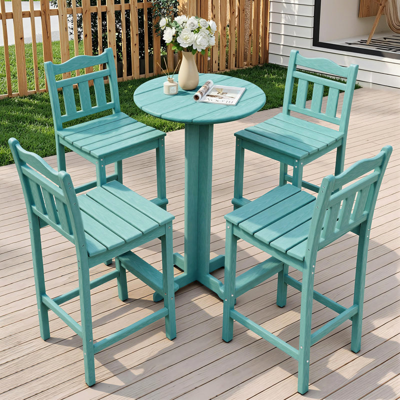 5-piece All-weather Poly Lumber Patio Bar Set - Heavy Duty Hdpe High Top Bistro Table & 2 Stools With Ergonomic Curved Saddle Seats - Outdoor Bar Stools Set For Poolside, Balcony & Deck