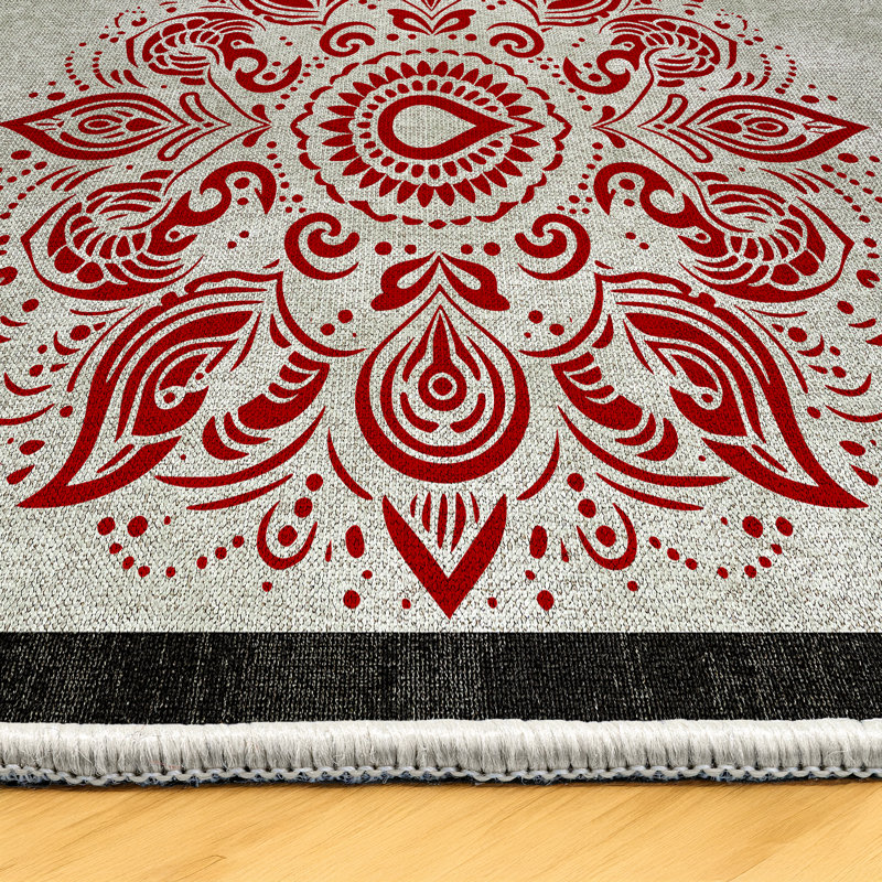 Qasida Collection Digital Print Cotton-Polyester Beige Red Moroccan Rug, Runner 6'7" x 14'10"