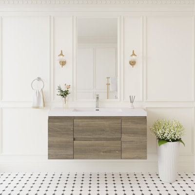 Meuble-lavabo mural 48 po avec lavabo, meuble-lavabo mural avec lavabo à surface solide et tiroirs à fermeture en douceur entièrement assemblés, gris cendré