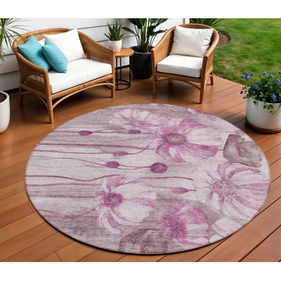 8' Pink Round Floral Washable Indoor Outdoor Area Rug